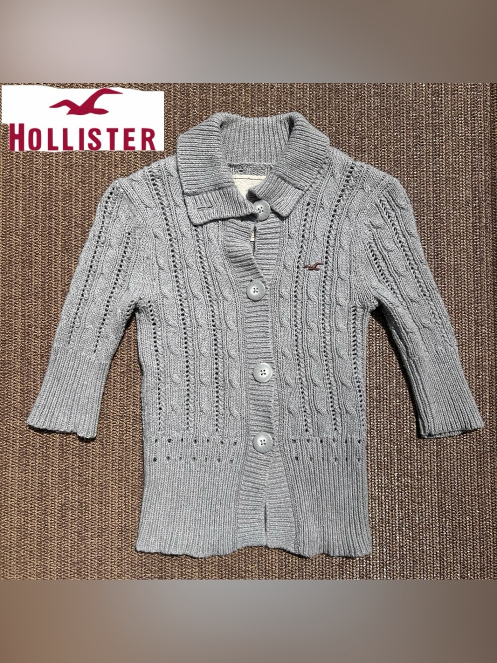 Vtg Y2K Hollister Pacific Merchants Cable Knit Button Cardigan Sweater Gray Sz S